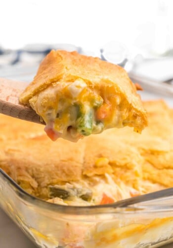 Chicken pot pie casserole being served