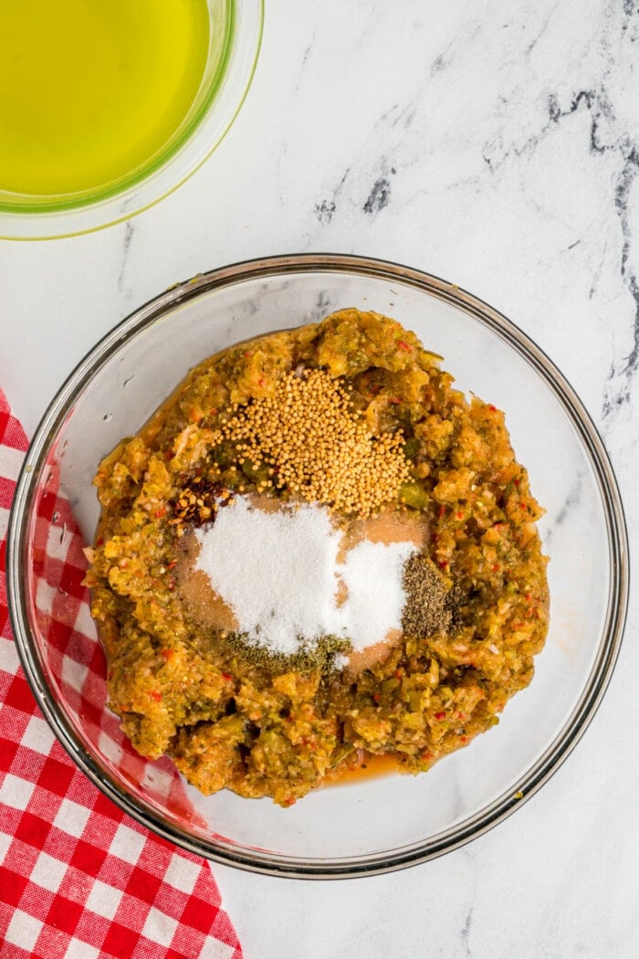 hot dog relish in bowl with sugar and seasonings