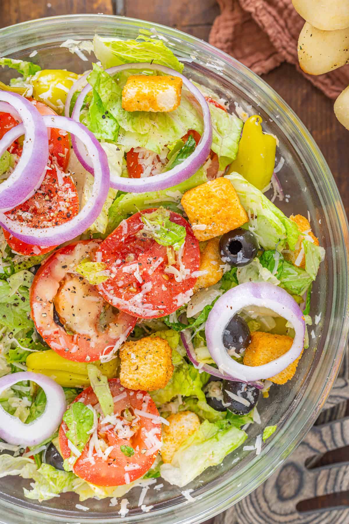 Overhead view of an Olive Garden salad