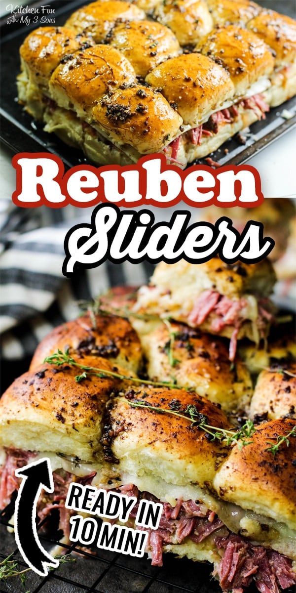 Reuben Sliders are a dinner favorite at our house. Shredded corn beef, sauerkraut and Swiss cheese all on a sweet bun and ready in ten minutes.